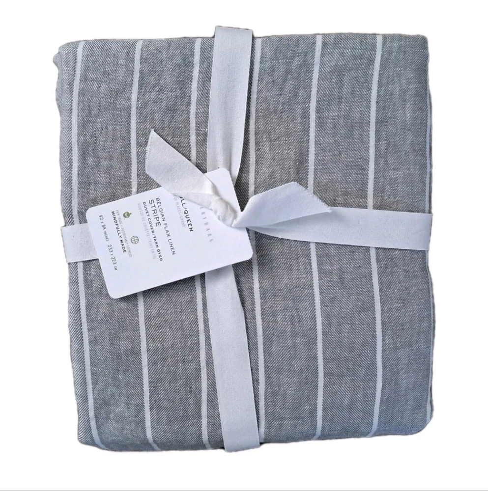 Pottery Barn Belgian Flax Linen Stripe Duvet Cover F/Q Gray NWT